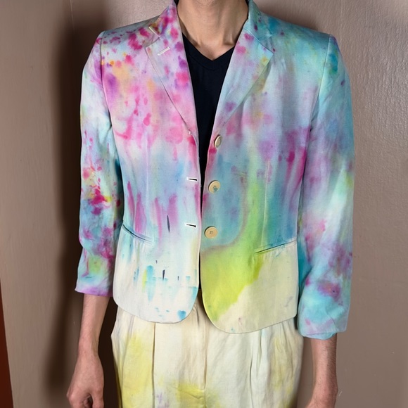 Party Dyed Suit Vintage Painted Blazer Rainbow Boho Jacket Funky Y2K Pants Chic - Picture 16 of 16